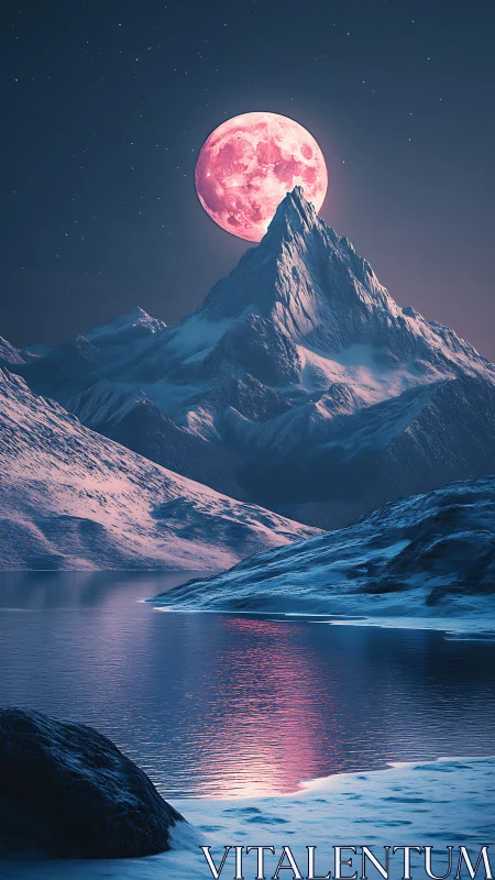 Lunar-illuminated glacial range with pink supermoon reflection