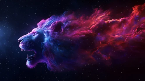 Cosmic nebula lion roaring through ultraviolet starlit void.