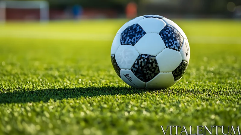 Sunlit match ball resting on emerald turf before kickoff.