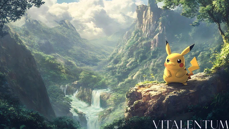 Pikachu on cliff above lush valley and waterfalls scene