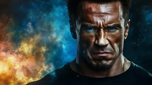 Intense male portrait in dual-toned cosmic light gradient.