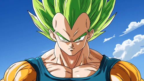 Green haired anime warrior under clear blue sky.