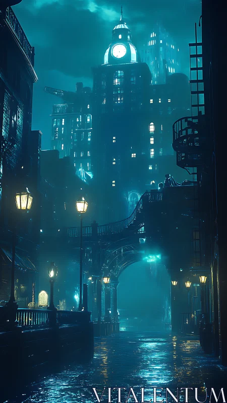 Midnight rainlit clocktower city in neo-noir teal hush.