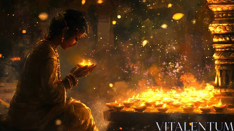 Luminous ritual tableau with diya arrays and particulate glow.
