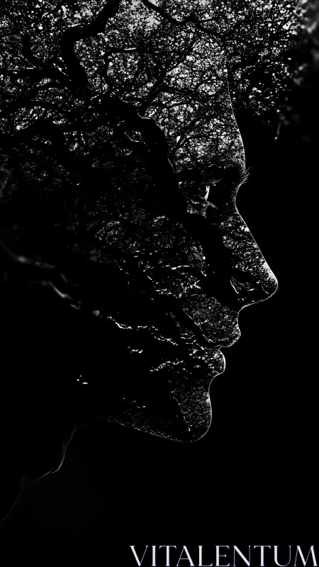 Double-exposure profile merges human silhouette with tree canopy