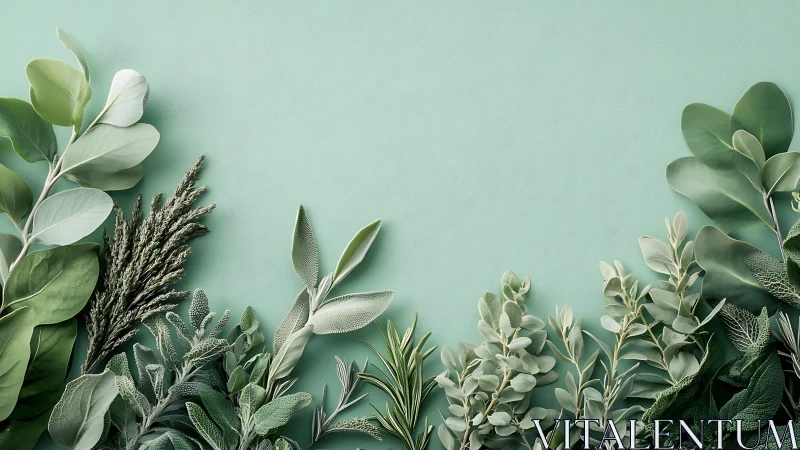 Botanical herb border on textured mint background, soft light