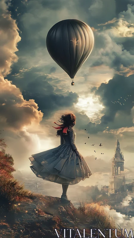 Girl on cliff with hot air balloon over distant cityscape.