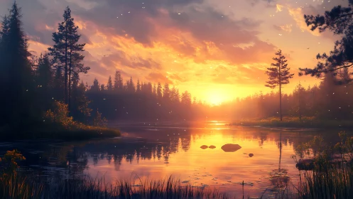 Golden lake sunset pours warmth over a quiet forest