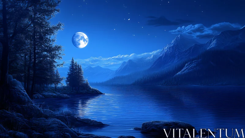Moonlit mountain lake glows softly under a deep blue sky