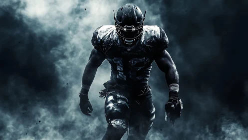 Storm-forged gridiron titan charging through battle fog.