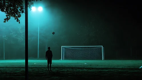 Silhouetted soccer player stands before empty goal at night