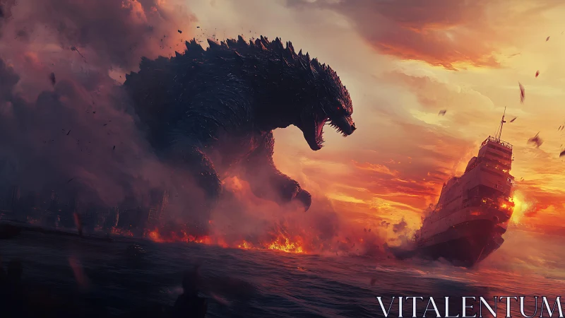 Colossal sea monster shattering burning cargo ship at dusk.