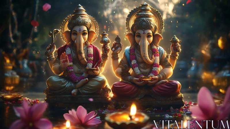 Twin Ganesha guardians in lotus-lit twilight devotion.