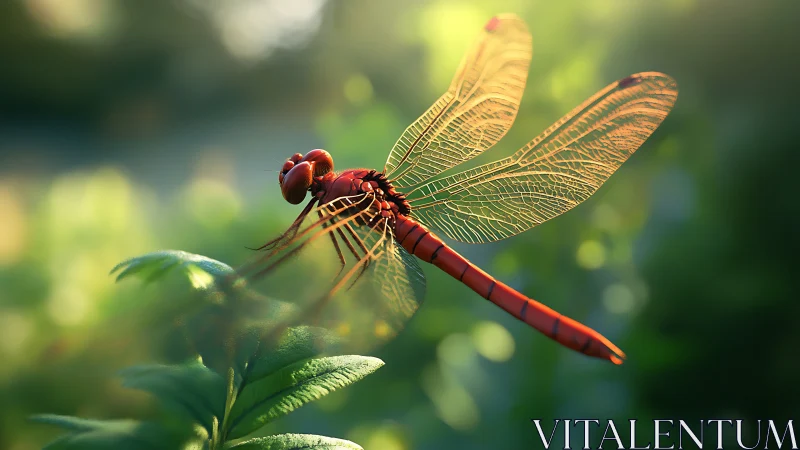 Scarlet dragonfly in luminous backlit garden macro study.