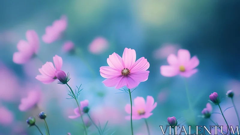Soft-focus pink cosmos flowers rendered in photoreal light