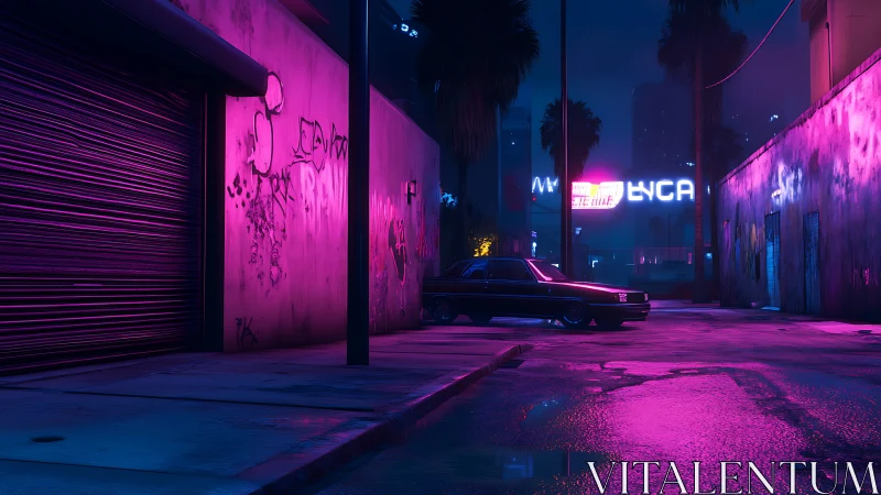 Neon-lit wet alley with parked sedan under magenta-blue rim lighting