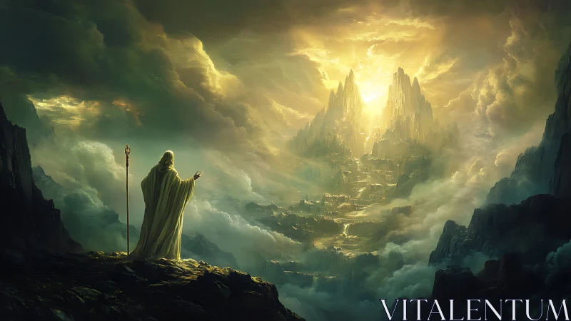 Cloaked figure faces luminous mountain city in dense clouds