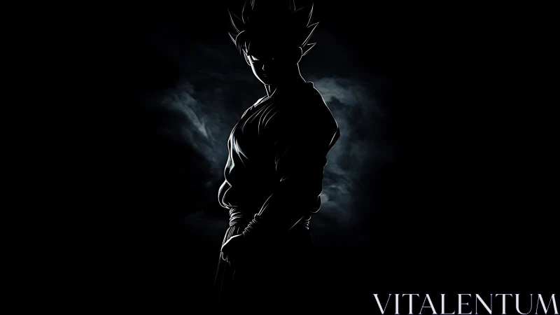Silhouetted spiky haired figure against dark smoky void.