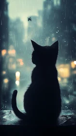 Silhouetted Cat Watches Rain in Neon-Lit Urban Night.