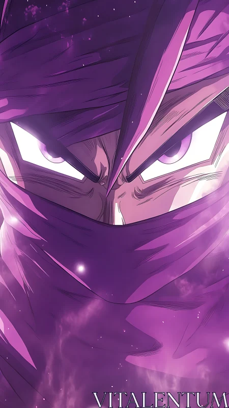 Violet-shrouded anime warrior with intense glowing gaze.