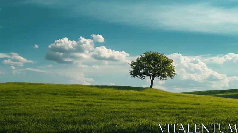 Lone Tree on Green Hill Under Blue Sky, Realistic Landscape.