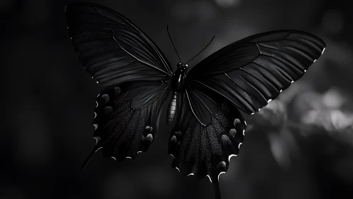 Monochrome macro study of a black butterfly in flight focus.
