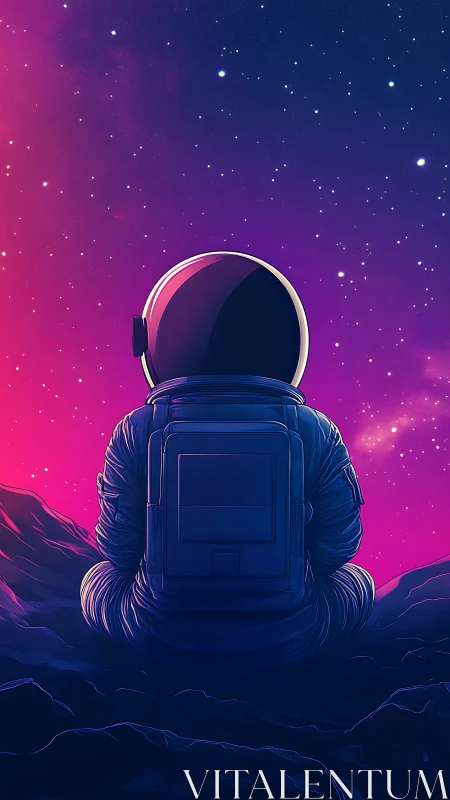 Solitary astronaut observing a vibrant starry sky.