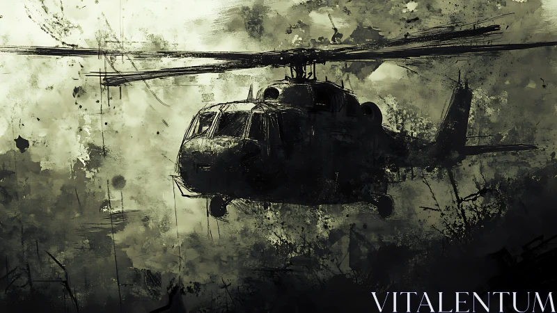 Military helicopter hovers in abstract, monochrome environment