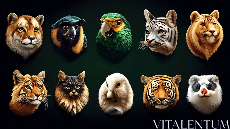 Rendered wildlife collection displaying ten predator species facial portraiture with sculptural volu