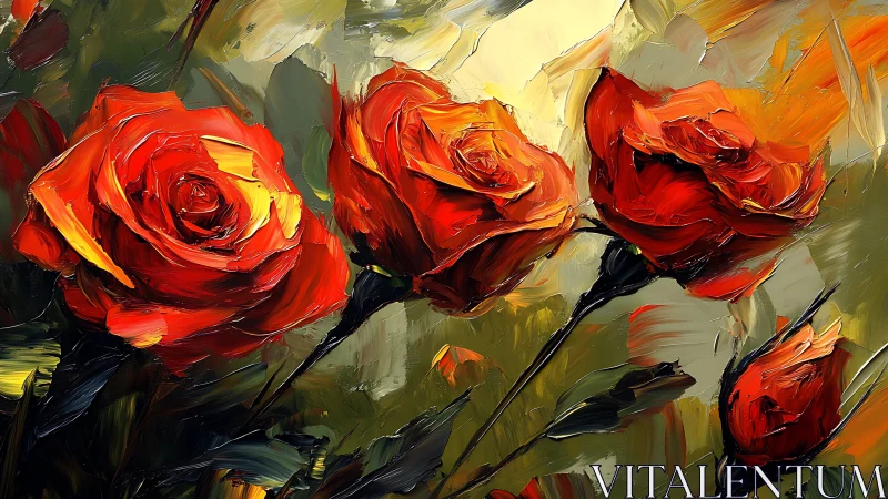 Oil painted roses rendered with gestural brushwork and saturated red tones.