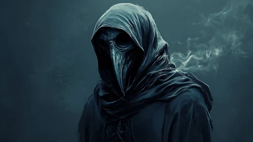Plague doctor silhouette emerges through cold smoky gloom.