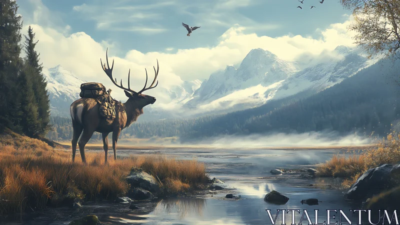 Pack elk standing by alpine lake beneath snowy peaks.