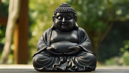 Polished black laughing Buddha statue in shallow depth portrait