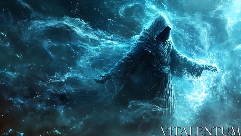 Mystical hooded mage wrapped in glowing blue cosmic magic.