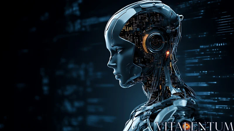 Chrome sentient silhouette brooding in neon circuitry hush.