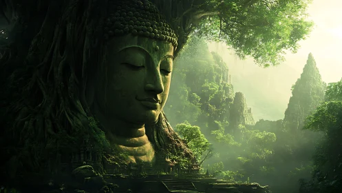 Serene stone Buddha rests within an ancient, sunlit forest