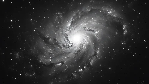 Monochrome spiral galaxy glows with dense starfield core