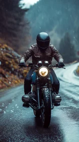 Rainy mountain rider embraces the winding open road
