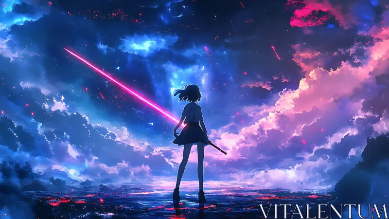 Silhouetted girl with sword under luminous, clouded sky.