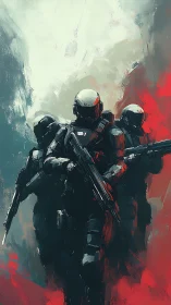 Futuristic armored soldiers advance through smoke and fire.