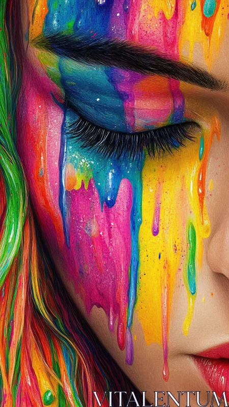 Vivid rainbow paint cascades across a serene female face.