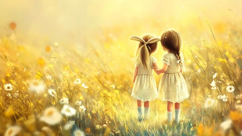Backlit sisters stand in soft-focus wildflower field at golden hour