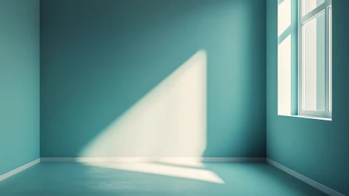 Sunlit teal interior corner with sharp angular window light projection