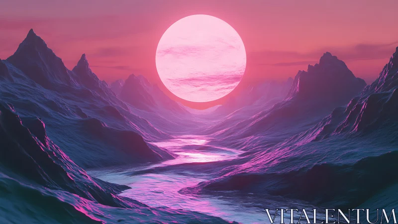 Neon tides pour toward a colossal candy-colored moonrise