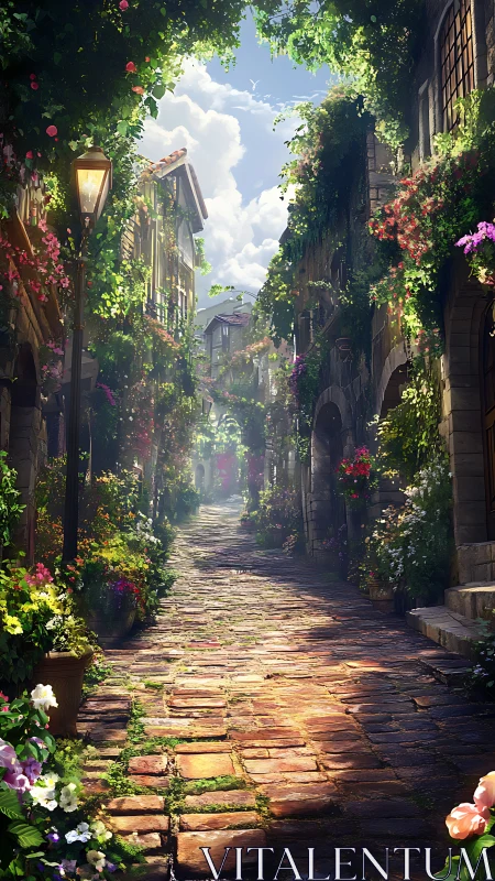Sunlit flower-lined alleyway inviting a slow wander.