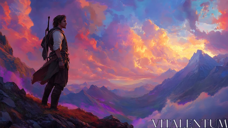 Solitary traveler on mountain ridge under vivid sunset sky.