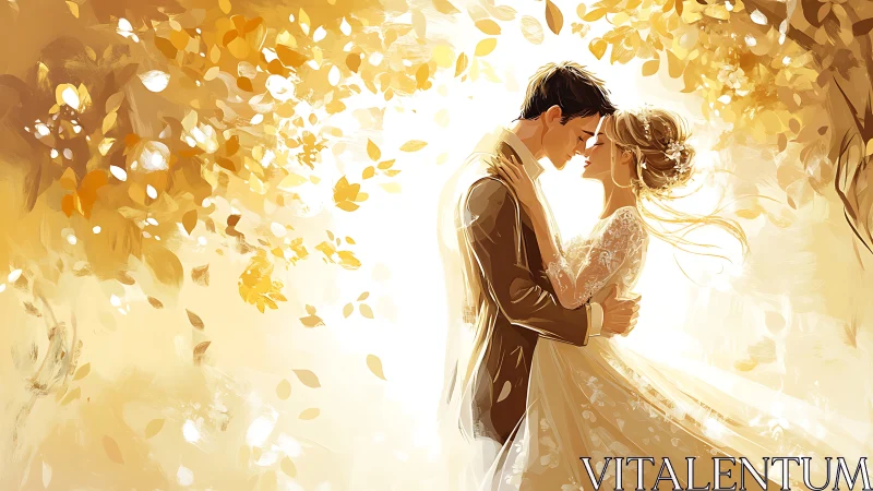 Bride and Groom Embracing Beneath Golden Autumn Canopy.
