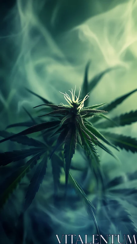 Dreamy cannabis bud glows softly in swirling teal mist