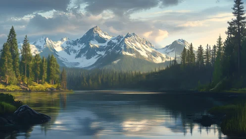 Snowcapped mountain range above calm pine forest lake.