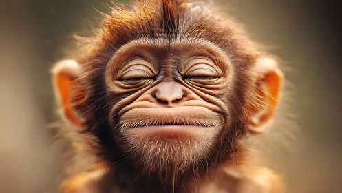 Serene baby monkey portrait under warm golden light.